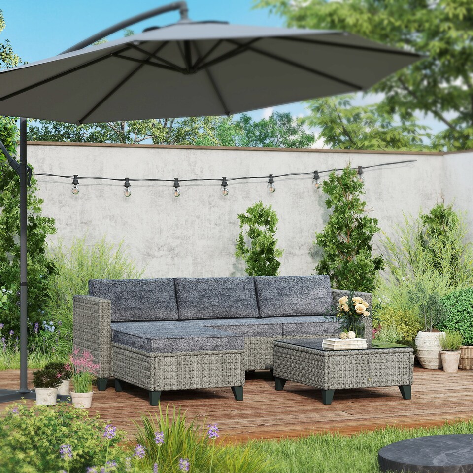 image 1 of Outsunny 5 Pieces PE Rattan Garden Furniture Set, 4 Seater Garden Corner Sofa Set with Glass Coffee Table, Wicker Outdoor Furniture Set with Cushions for Patio Deck, Dark Grey