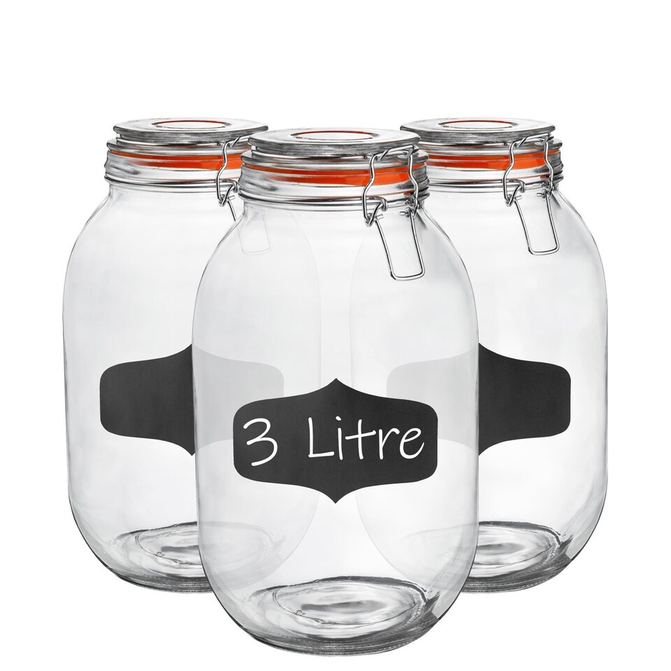 image 1 of Argon Tableware 3x Glass Storage Jars & Labels Set - 3 Litre - 4 Colour Seals Airtight Kitchen Storage Container Preserving Jar