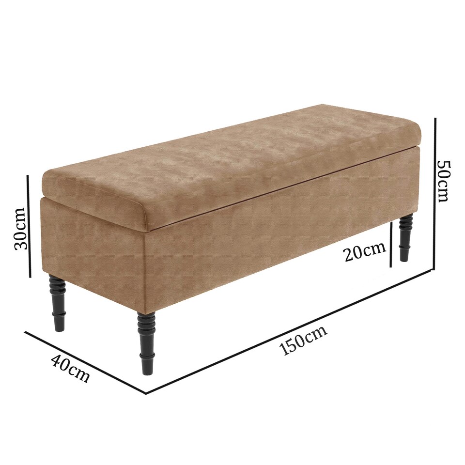 image 1 of 150cm Paris Plain Ottoman Storage Bench -Naples Shoes Bench with Black Turned Wooden Legs - Brown Upholstery Storage Footstool