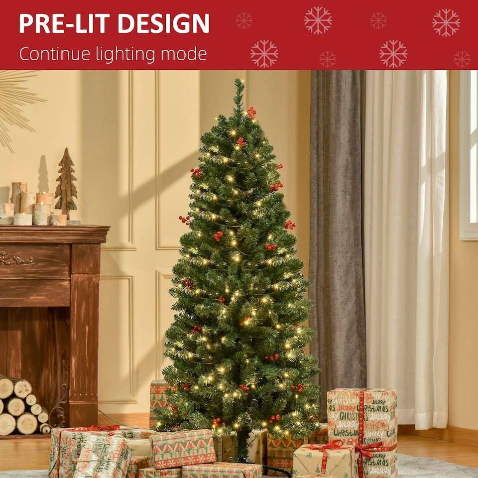 image 1 of HOMCOM 5FT Prelit Pencil Christmas Tree w/ LED Light, Berry, Xmas Decoration