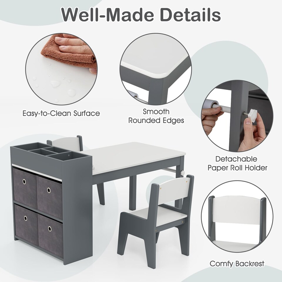 image 1 of COSTWAY Kids Art Table and Chairs Set with 2 Chairs Grey