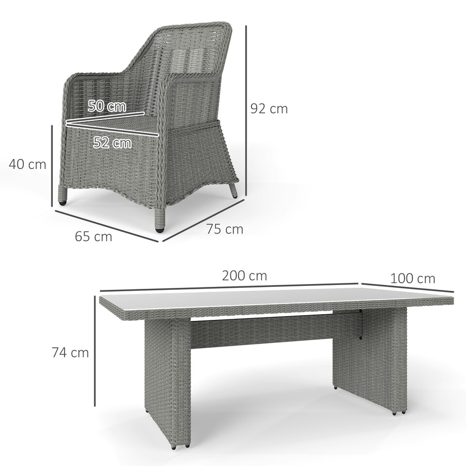 image 1 of Outsunny 6 Seater Rattan Dining Set w/ Glass Top Table Cushions, Grey
