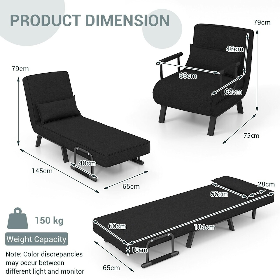 image 1 of COSTWAY Convertible Single Folding Sofa Bed Sleep Chair Dark Grey Black