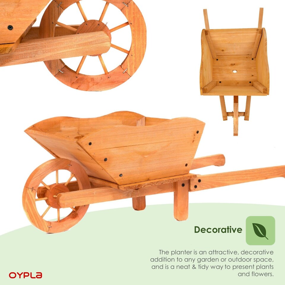 image 1 of Oypla Garden Wooden Wheelbarrow Flower Planter Ornamental Plant Pot Brown