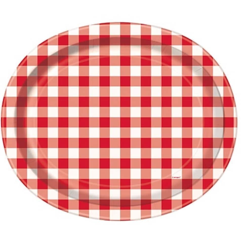Red Gingham Oval Paper Plates 30cm - Pack of 8