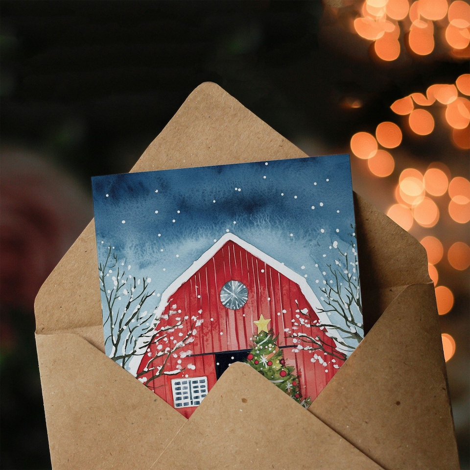image 1 of Barn Decorated Tree Winter Landscape Blank For Him Or Her Art Xmas Festive Christmas Card