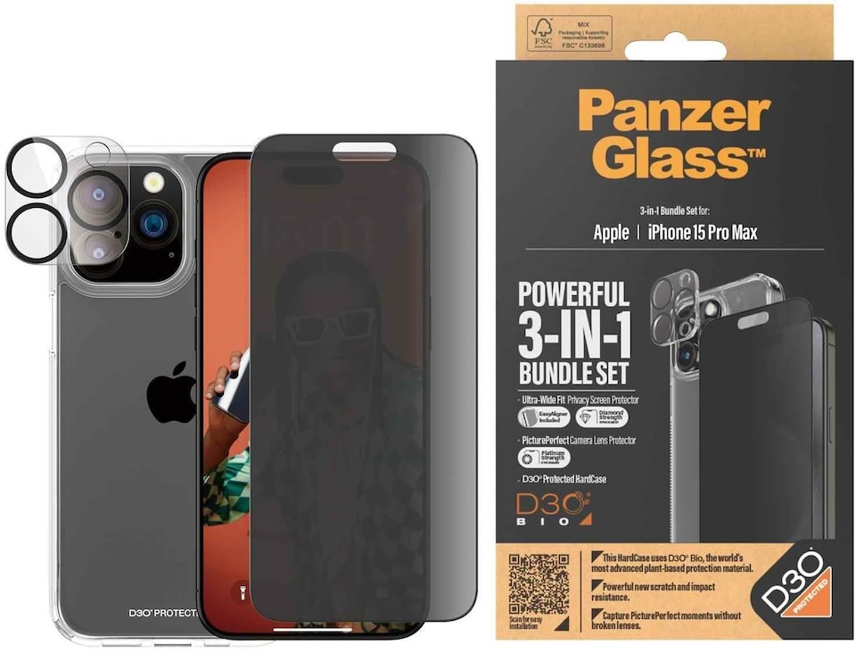 image 1 of Panzer Glass Privacy Powerful 3 in 1 Bundle Pack for iPhone 15 Pro Max 6.7 - B1175+P2812