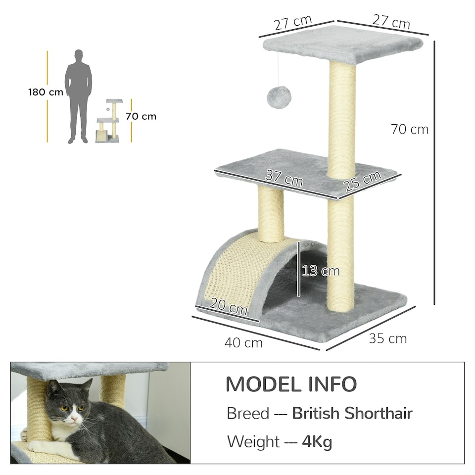 image 1 of PawHut 72cm Cat Tree Tower with Scratching Post Perch, Indoor, Light Grey