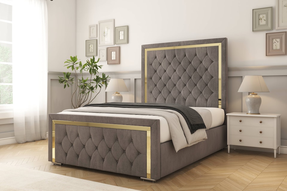 image 1 of Sloomy Sofia Gold Slate Naples Bed Frame With 50" Upholstered Headboard 2'6 Small Single