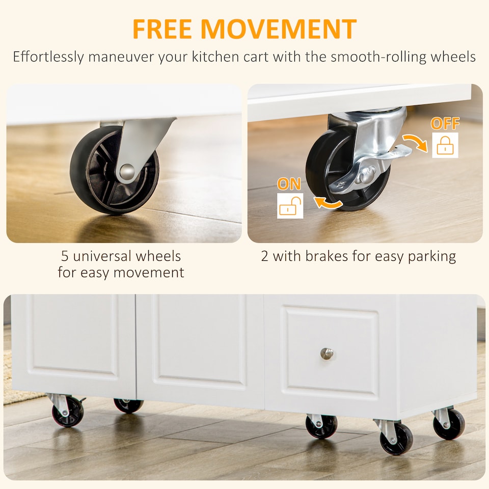 image 1 of HOMCOM Kitchen Island on Wheels, Rolling Kitchen Storage Trolley with Drop Leaf, Rubber Wood Top, Drawers, Adjustable Shelf, Towel and Spice Rack for Dining Room, White