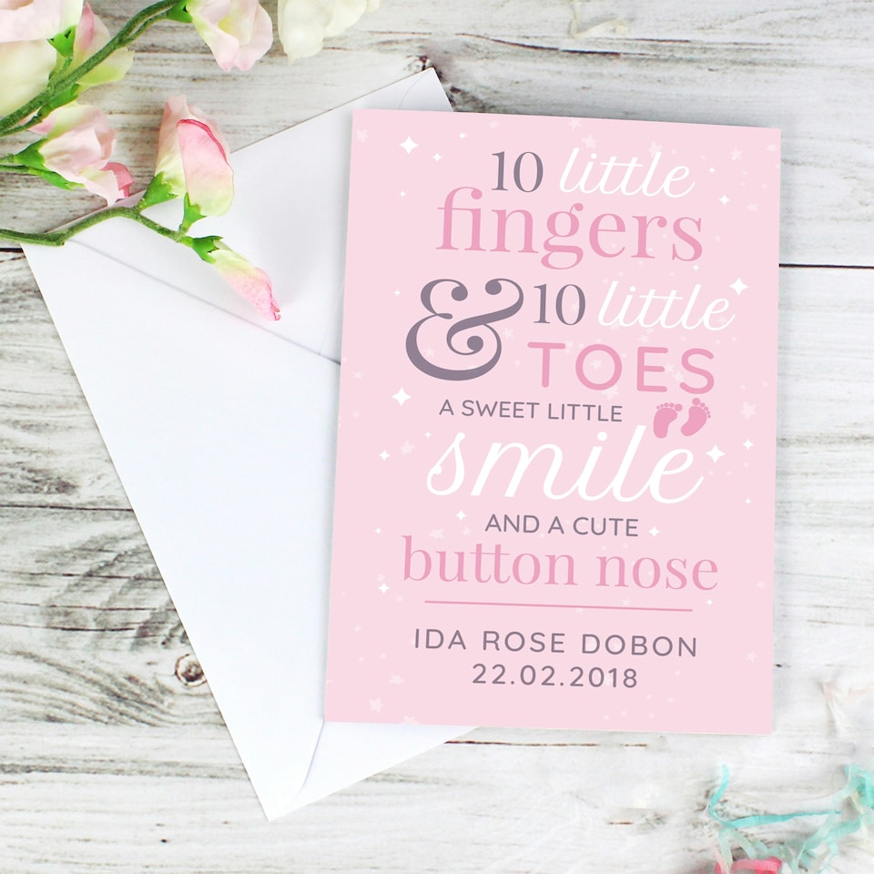 image 1 of Personalised '10 Little Fingers' Pink Baby Card