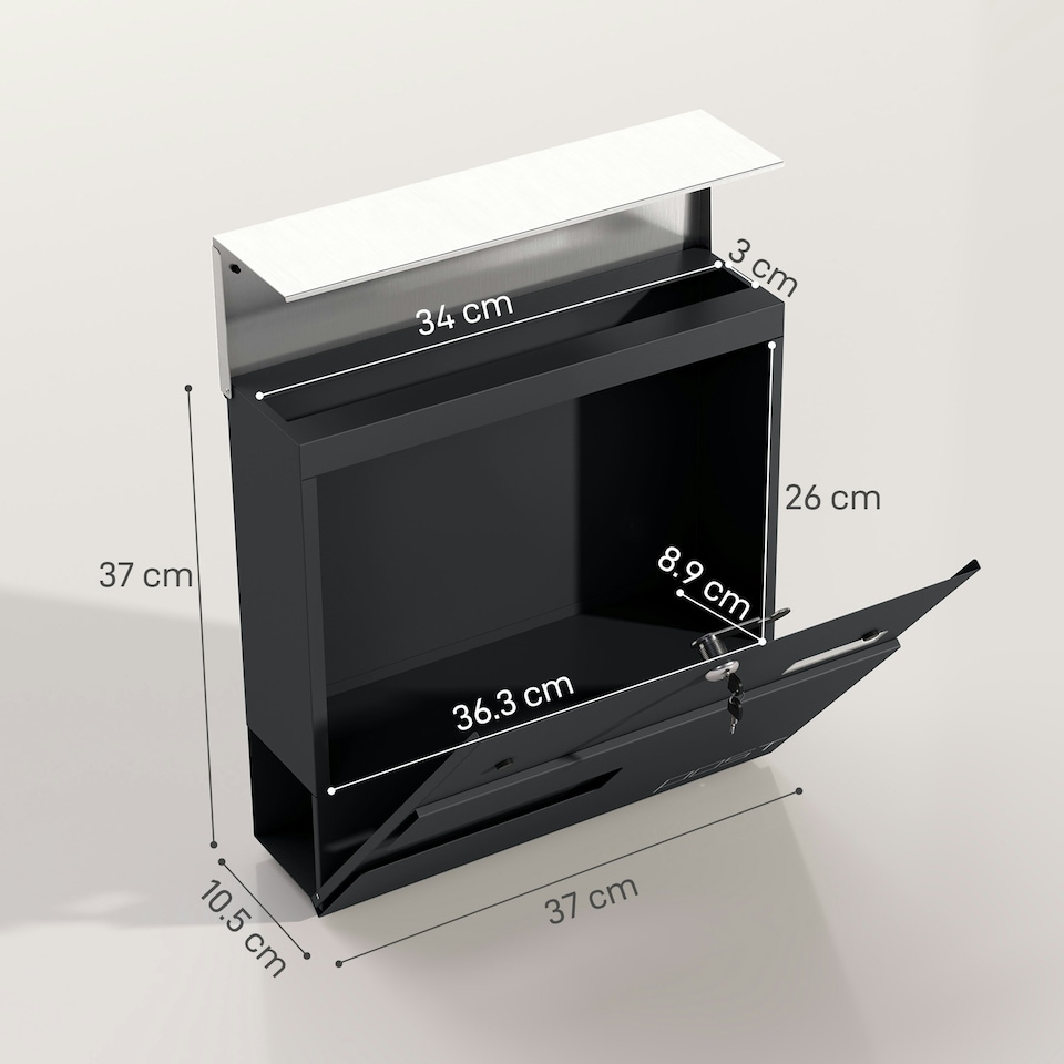 image 1 of HOMCOM Wall Mounted Post Box, Weatherproof Letterbox with Lock, Grey | Black