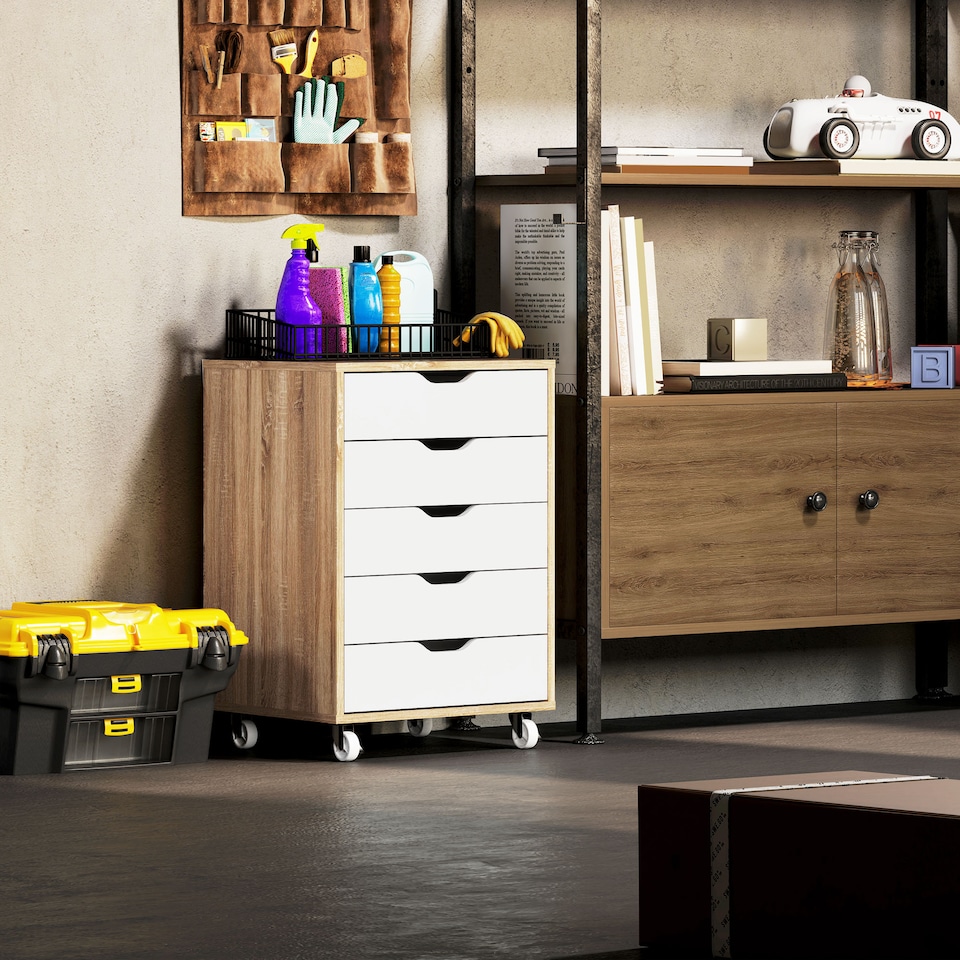 image 1 of Vinsetto Vertical Filing Cabinet, 5-drawer File Cabinet, Mobile Office Cabinet on Wheels for Study, Home Office, Oak