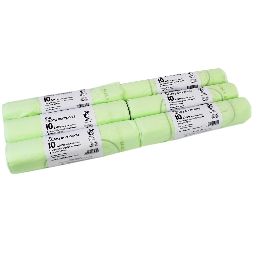 image 1 of The Caddy Company 10 Litre Tie Handle Compostable Food Waste Bin Bags - 6 Rolls