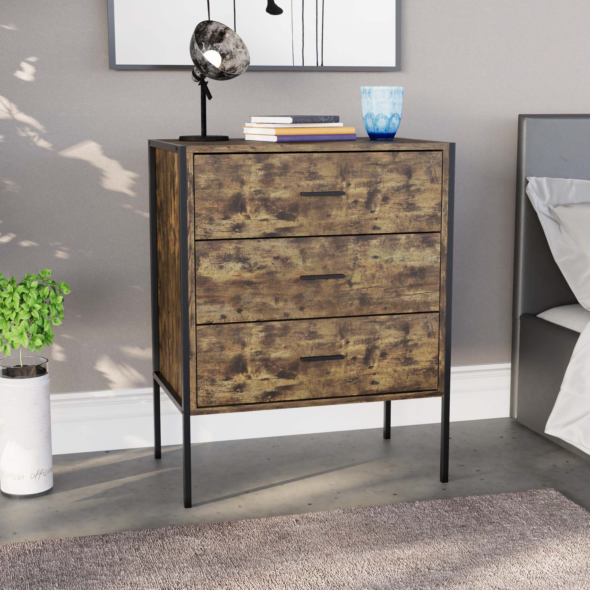 Vida Designs Brooklyn 4 Drawer Chest of Drawers Industrial Bedroom Storage, Dark Wood