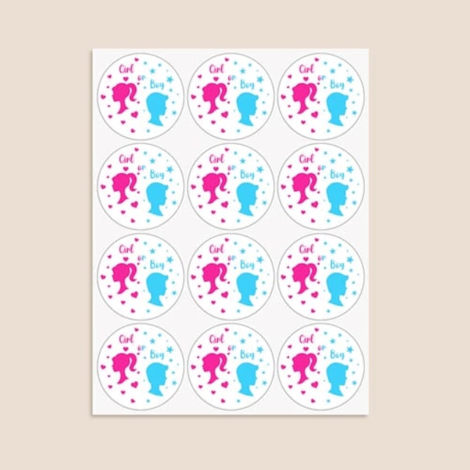 image 1 of Dolls Gender Reveal Round Stickers 60mm - Sheet of 12