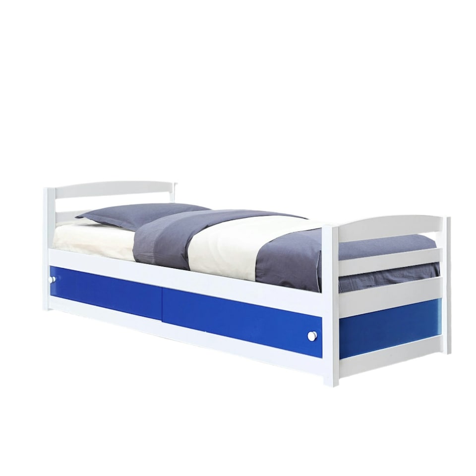 image 1 of 3ft Single Wooden Bed Frame In White With Blue Storage Drawers