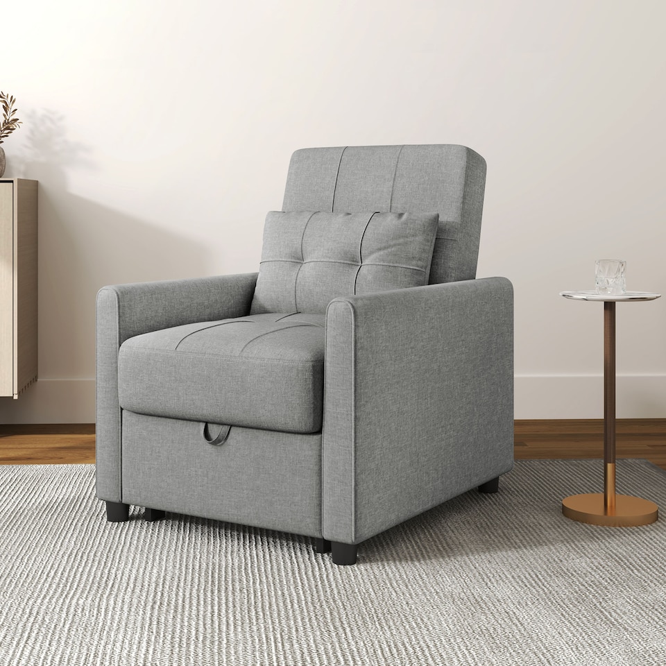 image 1 of HOMCOM Compact Single Chair Bed, Pull Out Bed, Convertible Sleeper Chair with Adjustable Backrest, Pillow, Side Pockets for Home Office, Bedroom, Living Room, Light Grey