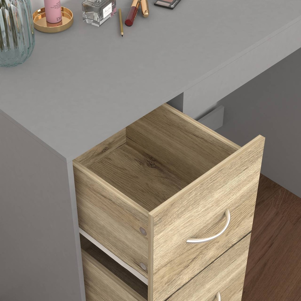 image 1 of 3-Drawer Wooden Desk and Dressing Table - Multi-Functional, 79.5x93x40 cm | Grey | Cool Grey & Oak | 22.5 x 43.5 x 98.5 | 1