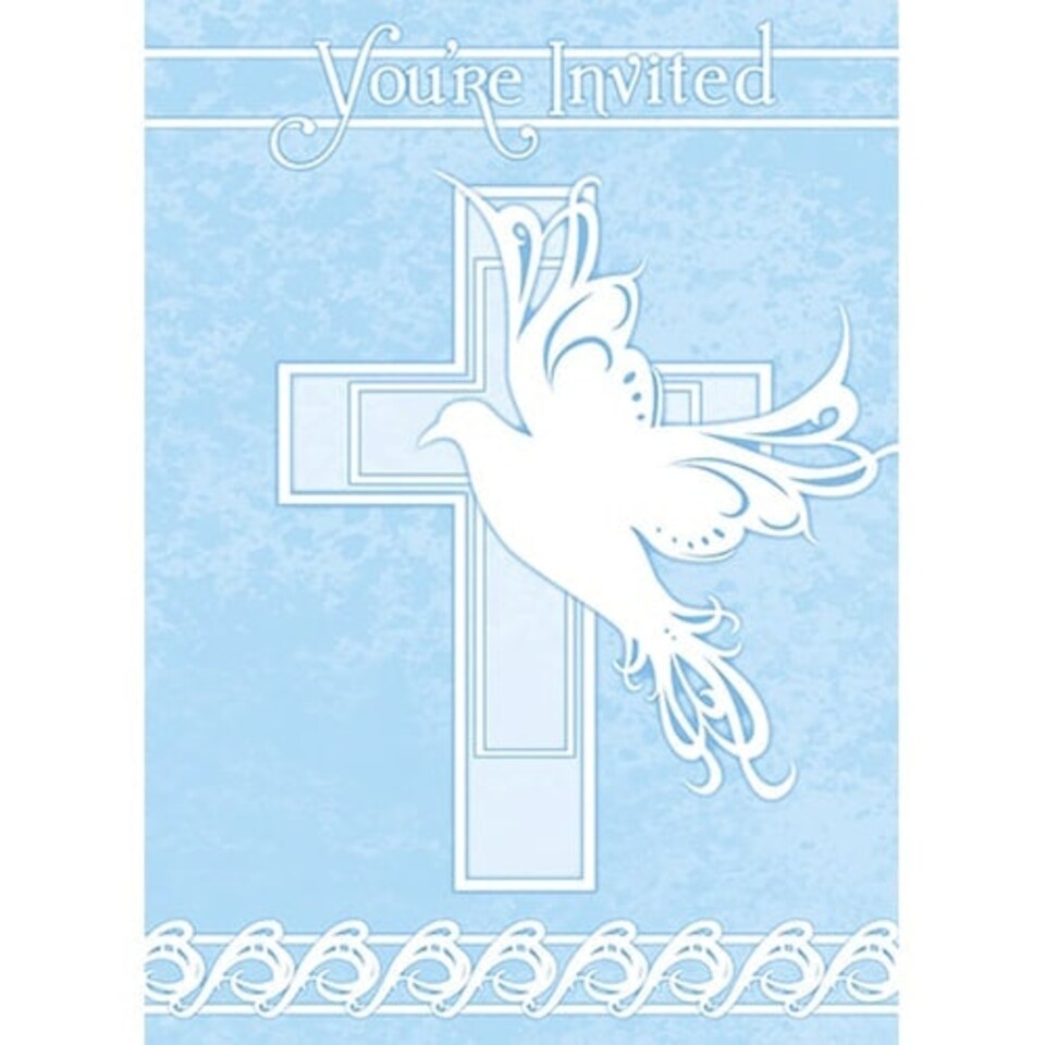 Blue Dove Cross Invitations with Envelopes - Pack of 8