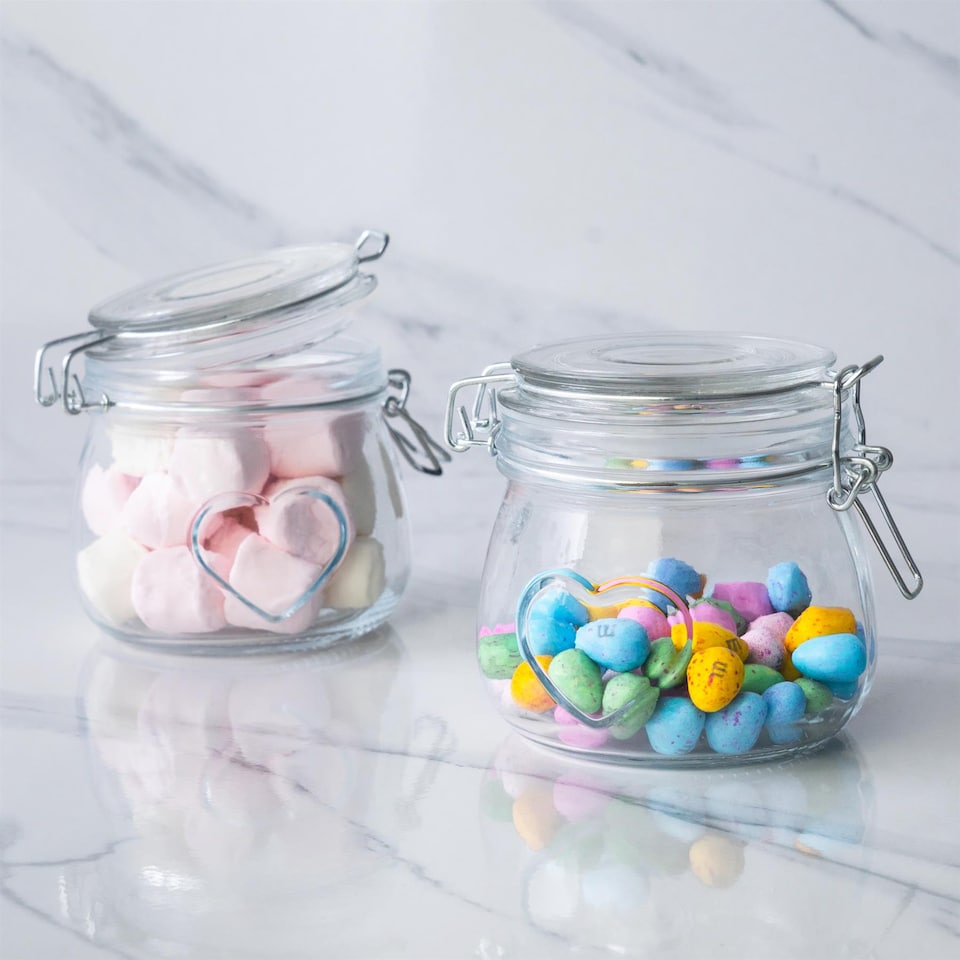 image 1 of Nicola Spring 6x Glass Storage Jars - 500ml Airtight Clip Lid Kitchen Vintage Round Preserving Container Heart Shaped Design