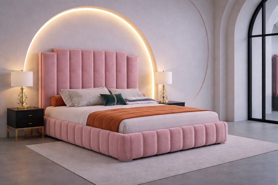 3ft Single Pink Plush Velvet Tower Panel Bed Frame