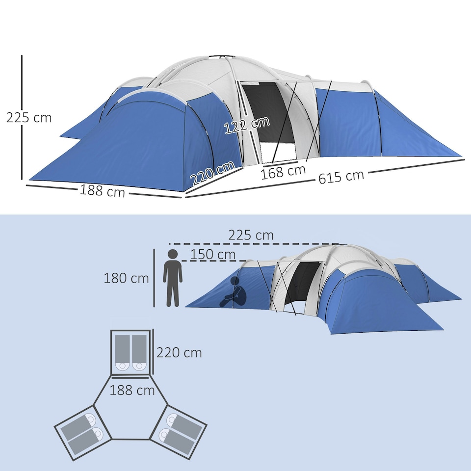 image 1 of Outsunny Large Tunnel Tent with 3 Bedroom, Living Area and Porch, Blue Blue | Blue