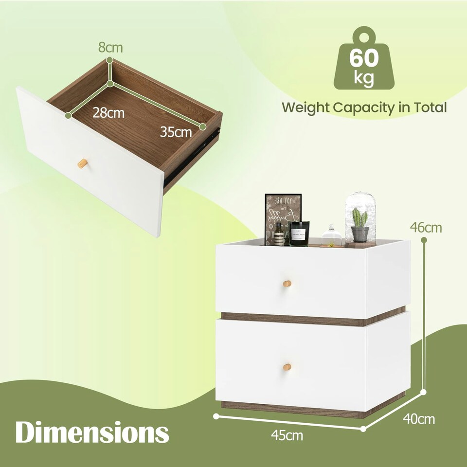 image 1 of COSTWAY 2-Drawer Nightstand Bedside Table with Storage White