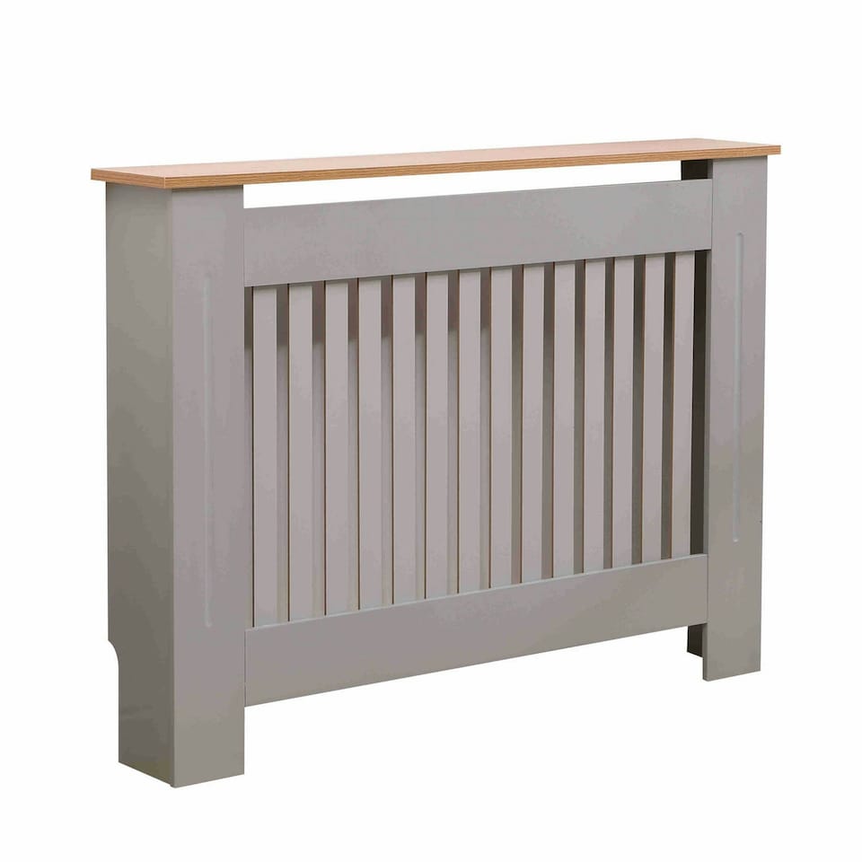 image 1 of Oypla Medium Grey Wooden Slatted Grill Radiator Cover MDF Cabinet