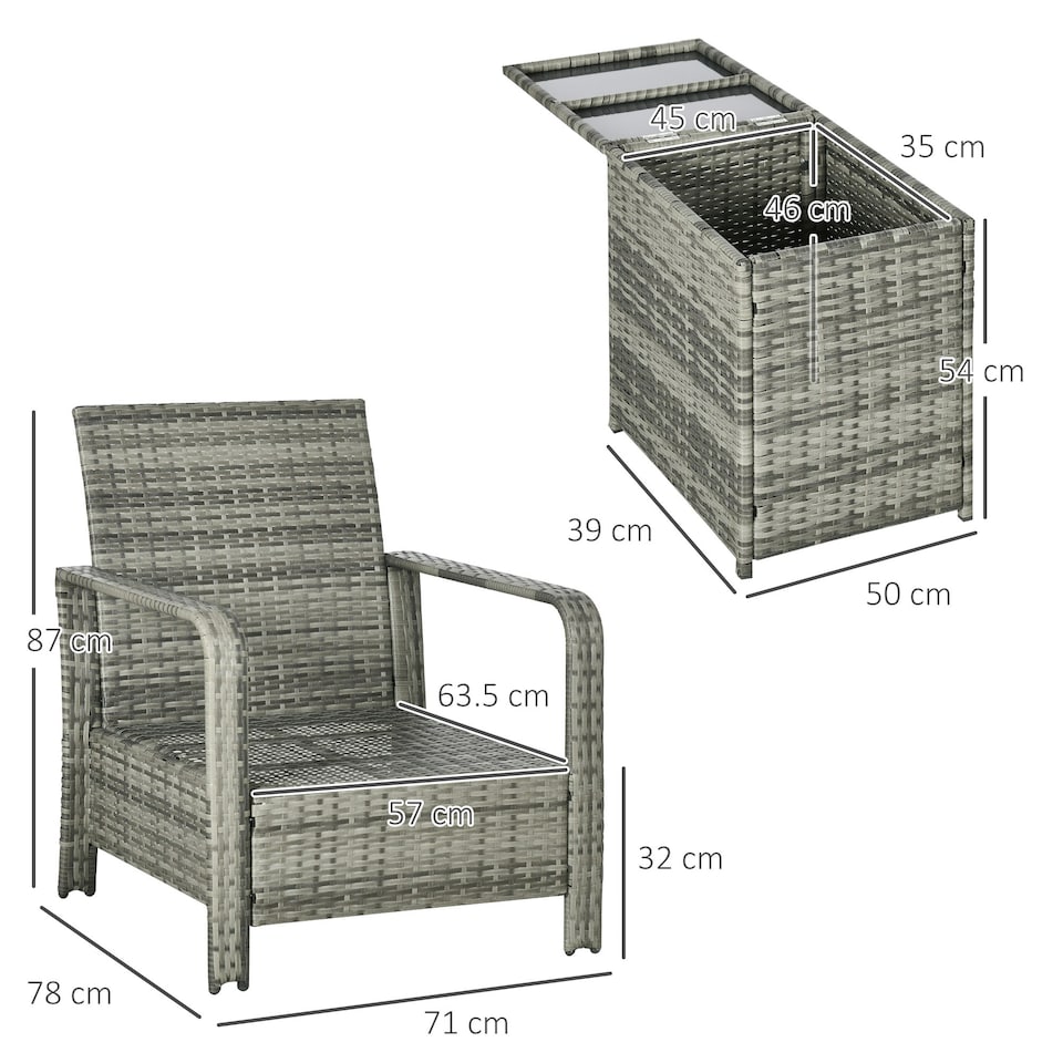 image 1 of Outsunny 3 PCs PE Rattan Garden Sofa Set with 2 Chairs & Storage Table
