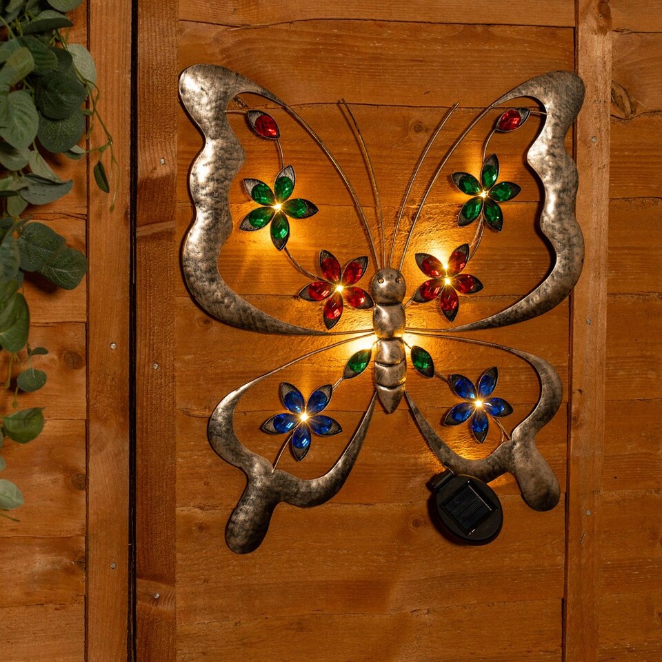 image 1 of ValueLights Solar Outdoor Multi Coloured Butterfly Wall Art Garden Fence Ornament Light