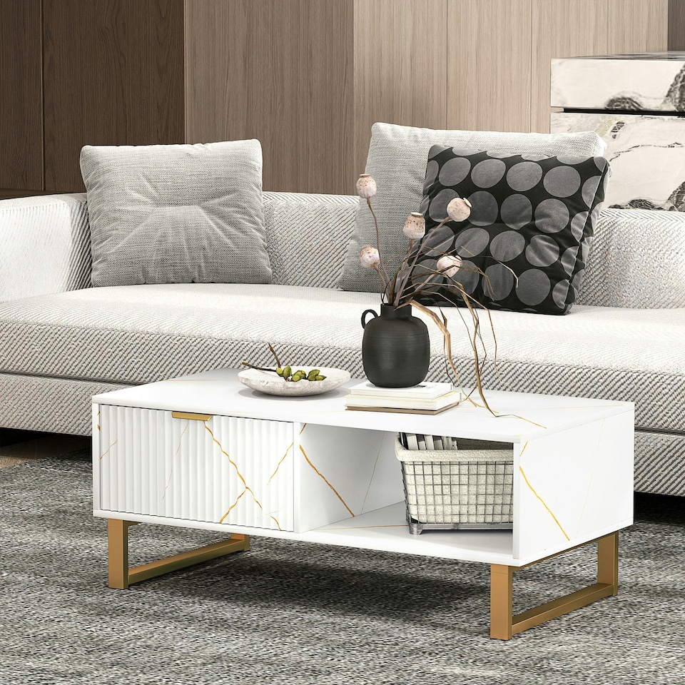 image 1 of HOMCOM Coffee Table, Living Room Table with Drawer and Open Shelves | White | 100W x 50D x 40Hcm