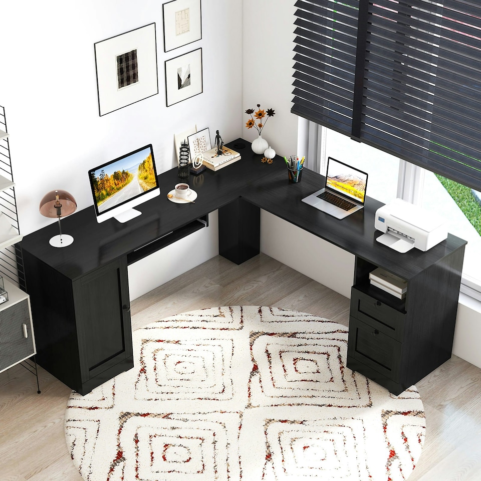 image 1 of COSTWAY 168 CM L-shaped Computer Desk w/Power Outlets Black Black