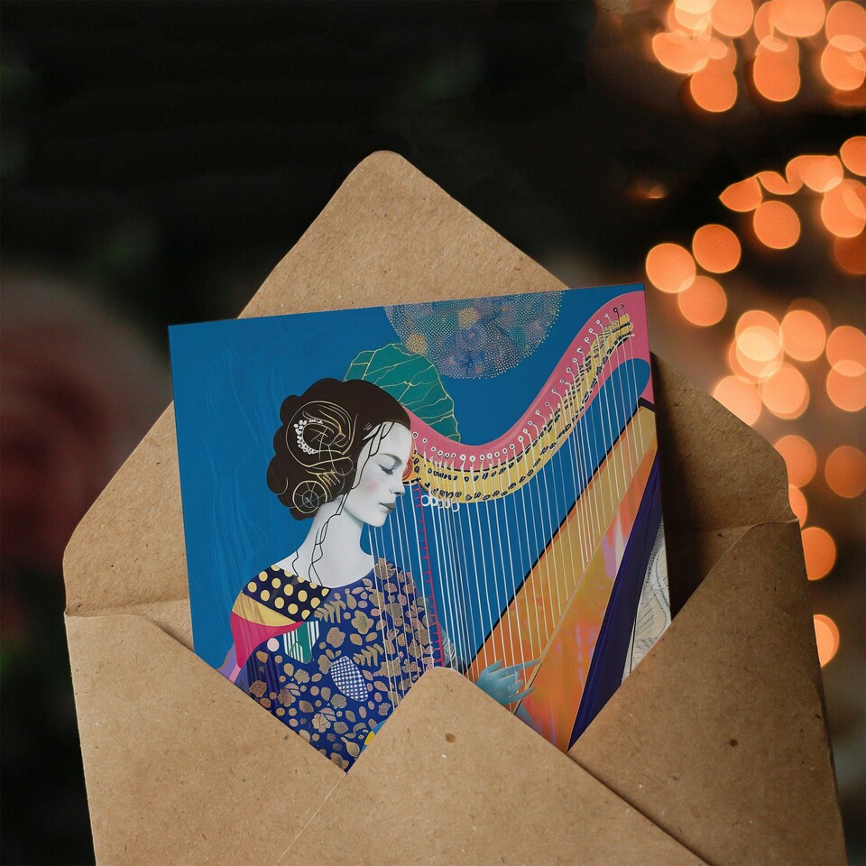 image 1 of Harpist Playing Harp Music Colourful Batik Style Birthday Card