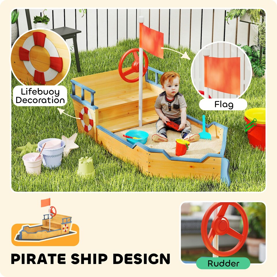 image 1 of Outsunny Kids Wooden Sandbox Pirate Ship Sandboat w/ Bench Seat Storage Space