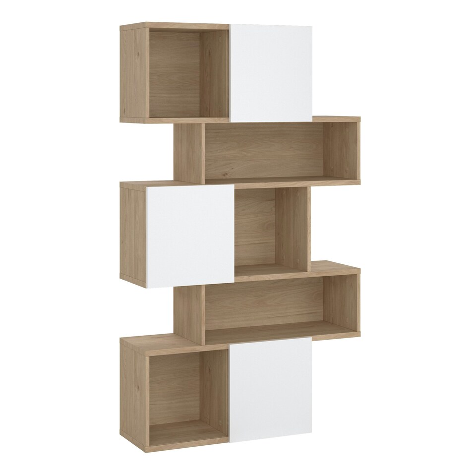 image 1 of Maze Asymmetrical Bookcase with 3 Doors in Jackson Hickory and White High Gloss
