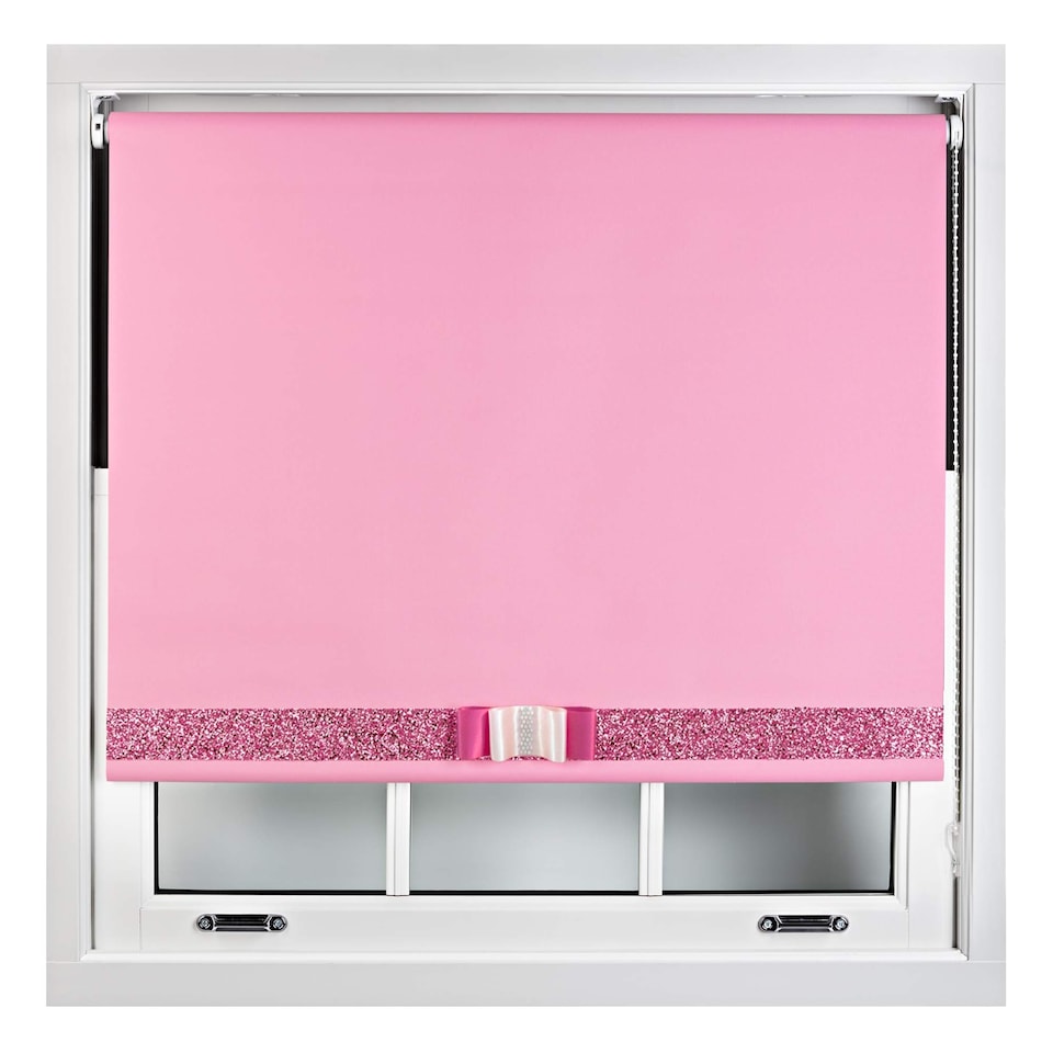 image 1 of FURNISHED Blackout Roller Blind with Pink Glitter Trim and Fuchsia Bow Trimmable Window Shade | Pink | Pink 1 | (W) 120cm x (L) 165cm