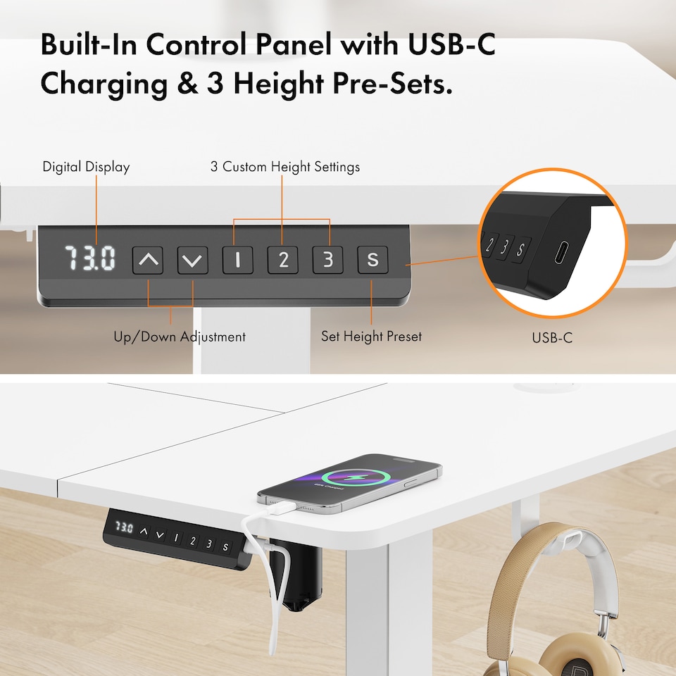 image 1 of Vonhaus White Height Adjustable Standing Desk 140x60cm