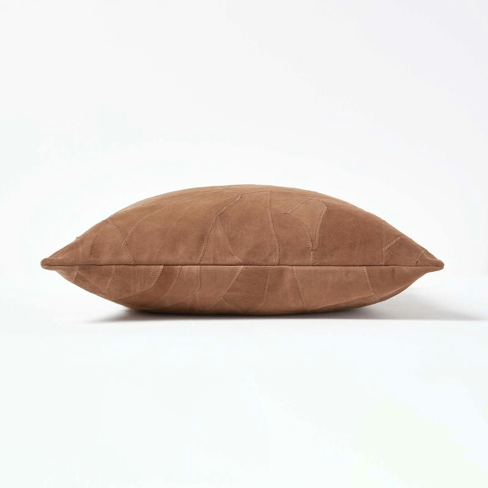 image 1 of Homescapes Tan Brown Real Leather Suede Cushion with Feather Filling - 45 x 45 cm Brown