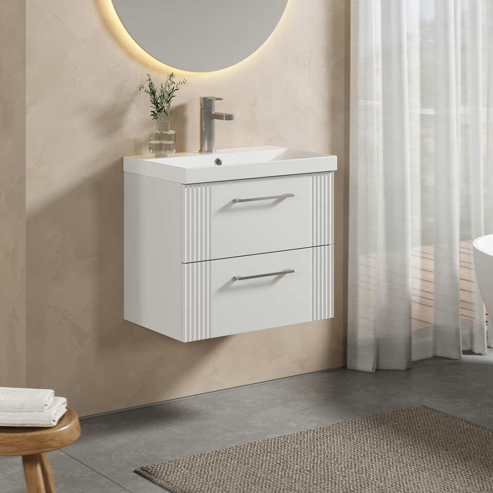 image 1 of Retro 2 Drawer Wall Hung Vanity Unit with Thin-Edge 1 Tap Hole Ceramic Basin - 600mm - Satin White - Balterley White