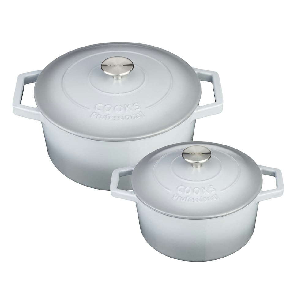 image 1 of Cooks Professional Cast Iron Casserole Set of 2 | 20cm and 26cm | Enamelled Inside and Out | Graduated Grey