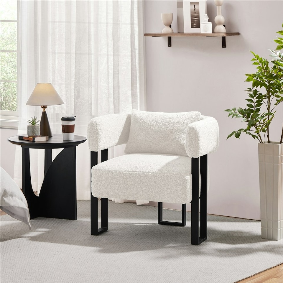 image 1 of Yaheetech Boucle Barrel Accent Chair with Metal Legs Lumbar Pillow | White