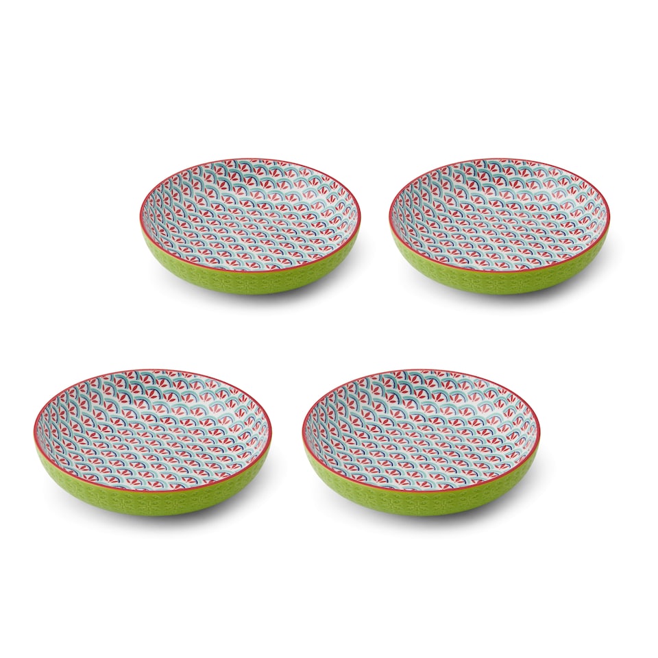 image 1 of Mikasa Set of 4 Green and Blue Geometric 2 Toned Stoneware Pasta Bowls