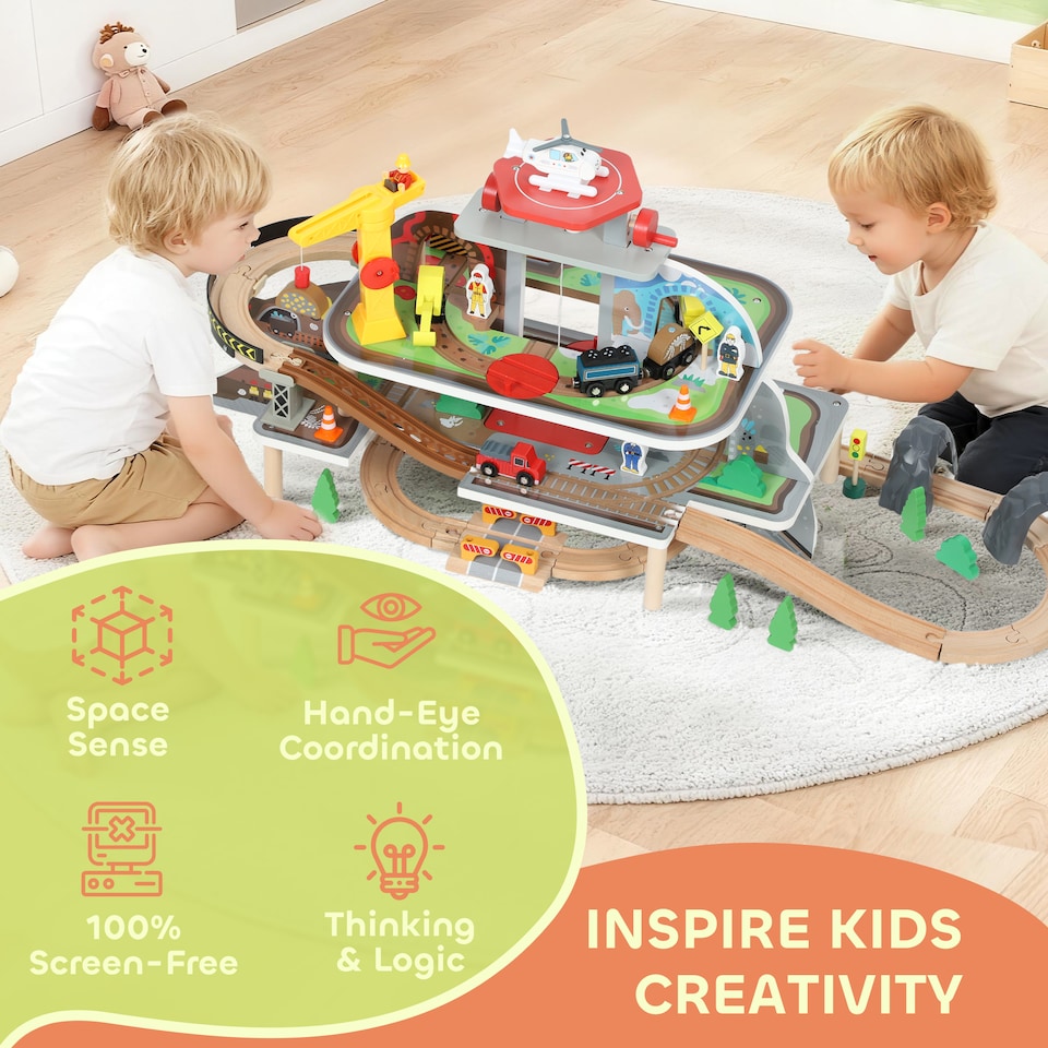image 1 of AIYAPLAY Wooden Train Set, 79 Piece Train Track Mine Themed for 3+ Years