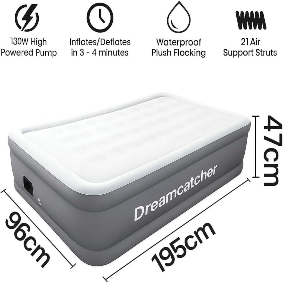 image 1 of Dreamcatcher Single Air Bed Premium Blow up Mattress with Built in Pump 196x97x47 and Storage Bag Included