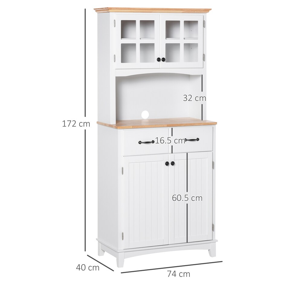 image 1 of HOMCOM Freestanding Kitchen Cupboard, Kitchen Storage Cabinet with Framed Glass Doors, 2 Drawers, Microwave Counter, 172cm, White