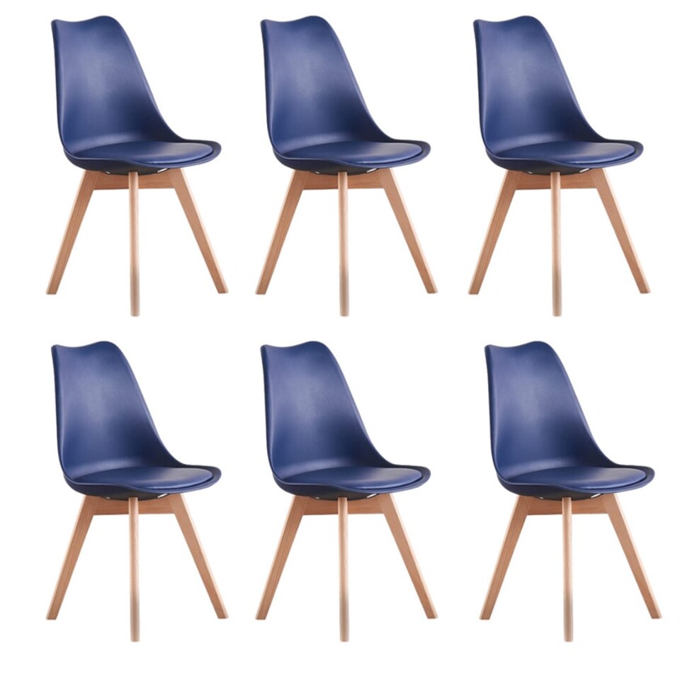 image 1 of Set of 6 Scandinavian Dining Chairs with Leather Cushions Solid Wood Legs Blue | Royal