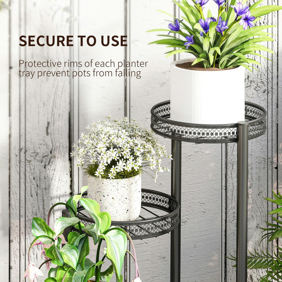 image 1 of Outsunny 4 Tiered Plant Pot Stand, Metal Plant Shelf for Living Room Black