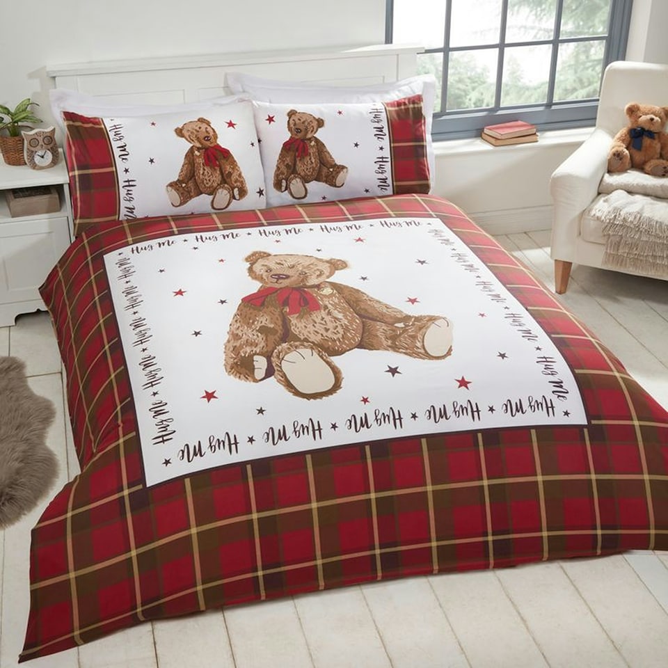 image 1 of Hug Me Bear Check Polycotton Duvet Cover Set with Pillowcase Brown | Natural | Single