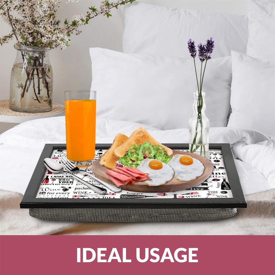 image 1 of GEEZY Wine Quotes Wooden Lap Serving Tray with Bean Bag Cushion 44x34cm